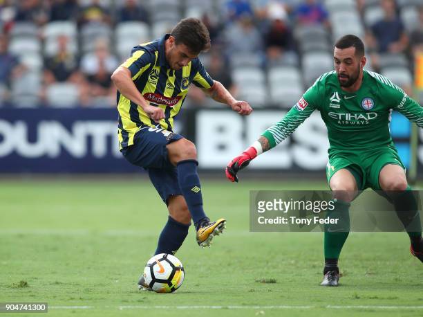 Asdrubal of the Mariners back heels the ball during the round 16 A-League match between the Central Coast Mariners and Melbourne City at Central...