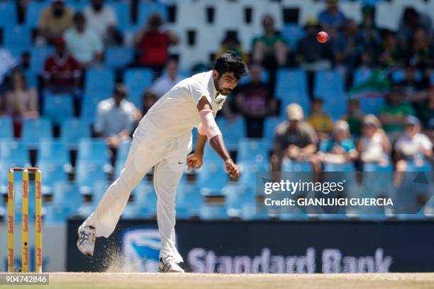 Indian bowler Jasprit Bumrah delivers a ball during the second day of the second Test cricket match between South Africa and India at Supersport...