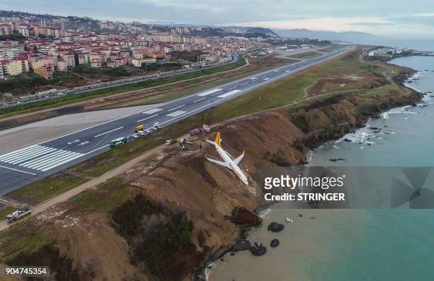 Pegasus Airlines Boeing 737 passenger plane is seen struck in mud on an embankment, a day after skidding off the airstrip, after landing at Trabzon's...