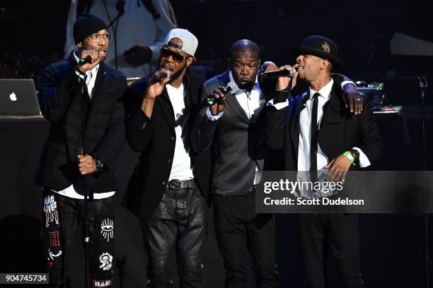 Singers Brian Dalyrimple, Andre Dalyrimple, Christopher Dalyrimple and Jason Dalyrimple of the R&B group Soul for Real perform onstage at Microsoft...