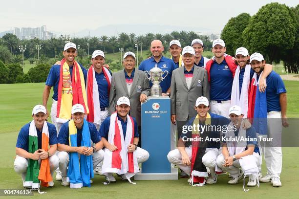 Team Europe pose with the trophy after winning the Eurasia Cup 2018 presented by DRB HICOM at Glenmarie G&CC on January 14, 2018 in Kuala Lumpur,...