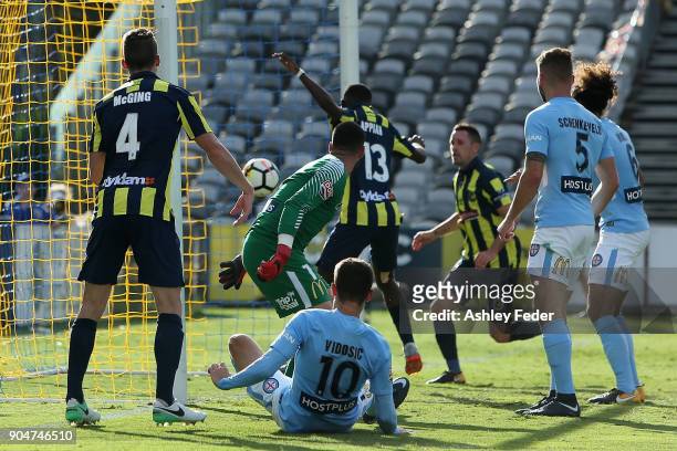 Mariners score their second goal during the round 16 A-League match between the Central Coast Mariners and Melbourne City at Central Coast Stadium on...