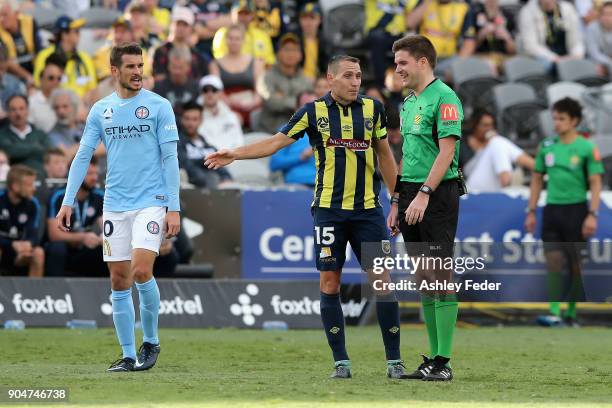 Alan Baro of the Mariners questions a decision during the round 16 A-League match between the Central Coast Mariners and Melbourne City at Central...