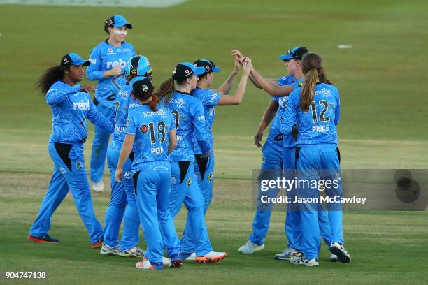 Strikers celebrate victory during the Women's Big Bash League match between the Perth Scorchers and the Adelaide Strikers at Traeger Park on January...