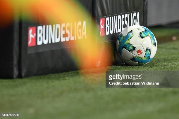 Ball lies next to the Bundesliga logo during the Bundesliga match between FC Augsburg and Hamburger SV at WWK-Arena on January 13, 2018 in Augsburg,...