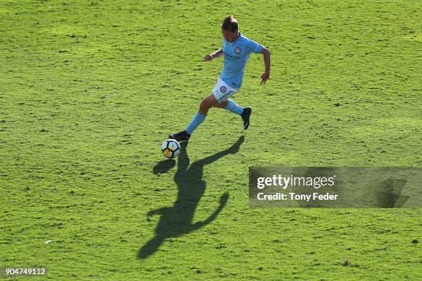 Nick Fitzgerald of City in action during the round 16 A-League match between the Central Coast Mariners and Melbourne City at Central Coast Stadium...