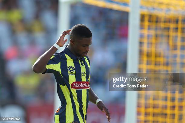 Kwabena Appiah of the Mariners during the round 16 A-League match between the Central Coast Mariners and Melbourne City at Central Coast Stadium on...