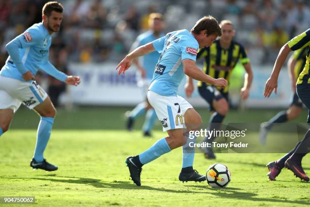 Nick Fitzgerald of City in action during the round 16 A-League match between the Central Coast Mariners and Melbourne City at Central Coast Stadium...