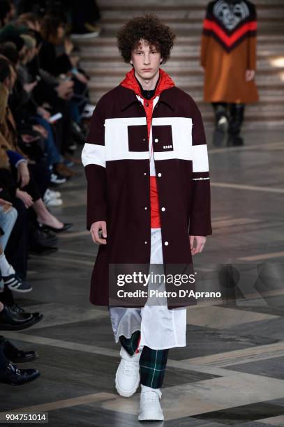 Model walks the runway at the MSGM show during Milan Men's Fashion Week Fall/Winter 2018/19 on January 14, 2018 in Milan, Italy.