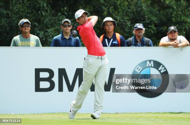 Adrien Saddier of France tees off on the 4th hole during day four of the BMW South African Open Championship at Glendower Golf Club on January 14,...