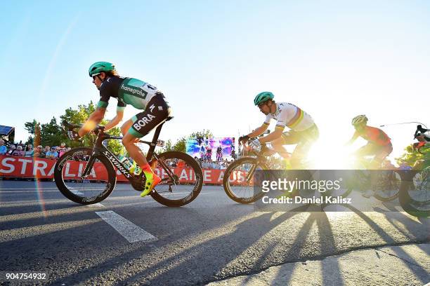 Daniel Oss of Italy and Bora-Hansgrohe leads Peter Sagan of Slovakia and Bora-Hansgrohe during the People's Choice Classic during the 2018 Tour Down...