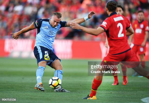 Jordy Buijs of Sydney FC shoots for goal during the round 16 A-League match between Adelaide United and Sydney FC at Coopers Stadium on January 14,...