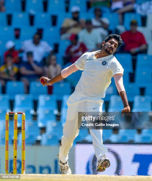 Jasprit Bumrah of India during day 2 of the 2nd Sunfoil Test match between South Africa and India at SuperSport Park on January 14, 2018 in Pretoria,...