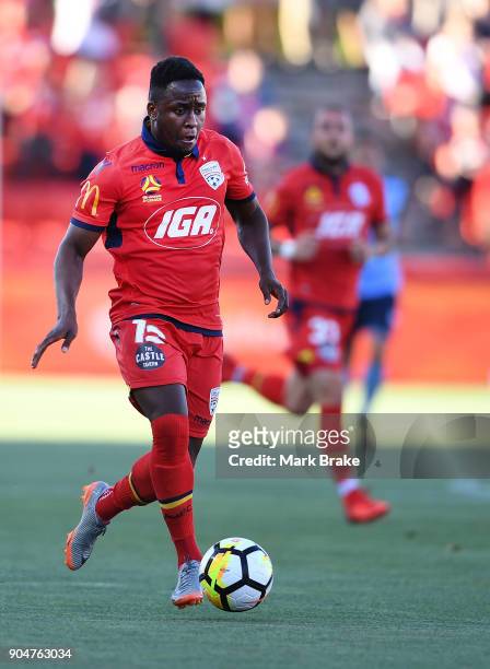 Mark Ochieng of Adelaide United during the round 16 A-League match between Adelaide United and Sydney FC at Coopers Stadium on January 14, 2018 in...