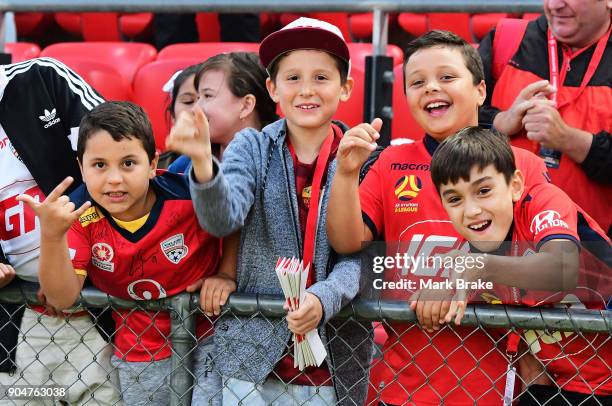 Young Adelaide United fans during the round 16 A-League match between Adelaide United and Sydney FC at Coopers Stadium on January 14, 2018 in...