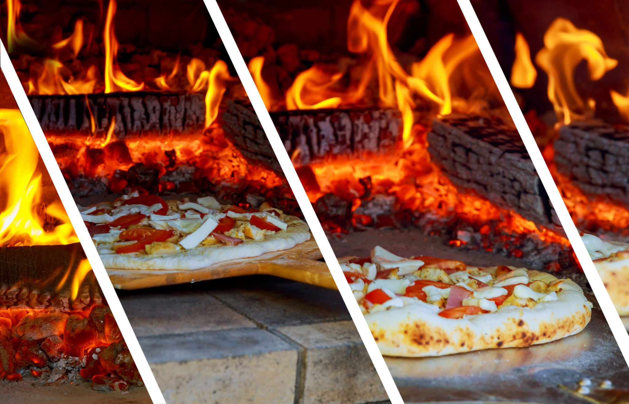 Closeup pizza in firewood oven with flame behind photo collage Closeup pizza in firewood oven with flame behind photo collage