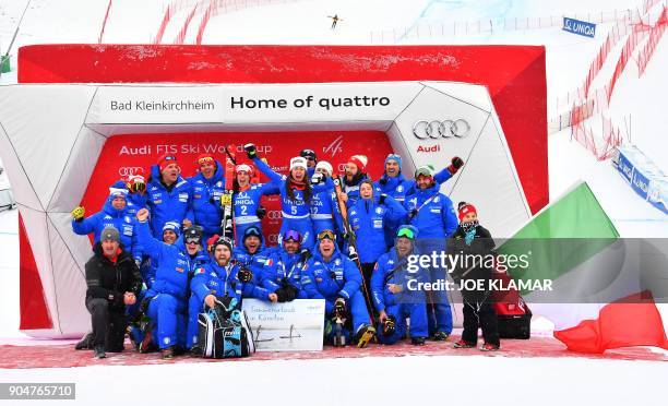 The Italian team with second placed Federica Brignone of Italy, winner Sofia Goggia of Italy and third placed Nadia Fanchini of Italy celebrate on...