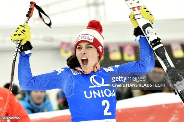 Second placed Federica Brignone of Italy celebrates after the FIS Alpine World Cup Women downhill competition in Bad Kleinkirchheim, Austria on...