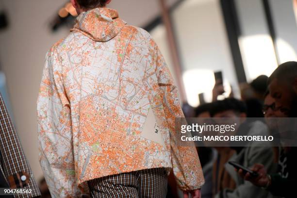 Model presents a creation for fashion house MSGM during the Men's Fall/Winter 2019 fashion show in Milan, on January 14, 2018. / AFP PHOTO / Marco...