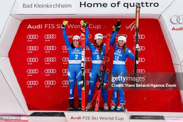 Federica Brignone of Italy takes 2nd place, Sofia Goggia of Italy takes 1st place, Nadia Fanchini of Italy takes 3rd place during the Audi FIS Alpine...