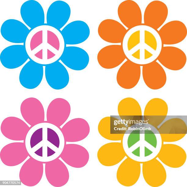 stockillustraties, clipart, cartoons en iconen met vredesteken bloem pictogrammen - hippie