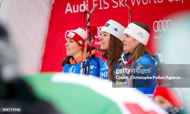 Federica Brignone of Italy takes 2nd place, Sofia Goggia of Italy takes 1st place, Nadia Fanchini of Italy takes 3rd place during the Audi FIS Alpine...