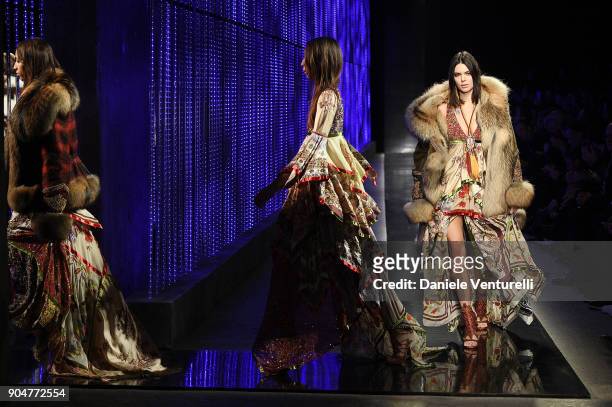 Kendall Jenner walks the runway at the Dsquared2 show during Milan Men's Fashion Week Fall/Winter 2018/19 on January 14, 2018 in Milan, Italy.