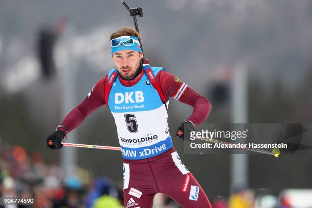 Anton Shipulin of Russia competes at the men's 15km mass start competition during the IBU Biathlon World Cup at Chiemgau Arena on January 14, 2018 in...