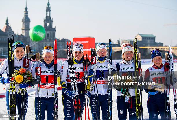 Second placed Stina Nilsson, Hanna Falk of team Sweden I, winner Ida Ingemarsdotter, Maja Dahlqvist of team Sweden II, third placed Sophie Caldwell...