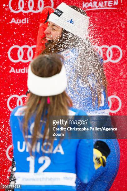 Nadia Fanchini of Italy takes 3rd place, Sofia Goggia of Italy takes 1st place during the Audi FIS Alpine Ski World Cup Women's Downhill on January...