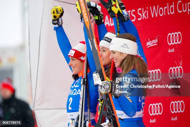 Federica Brignone of Italy takes 2nd place, Sofia Goggia of Italy takes 1st place, Nadia Fanchini of Italy takes 3rd place during the Audi FIS Alpine...