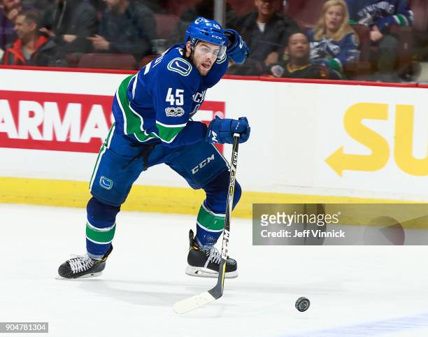 Michael Chaput of the Vancouver Canucks skates up ice during their NHL game against the Nashville Predators at Rogers Arena December 13, 2017 in...