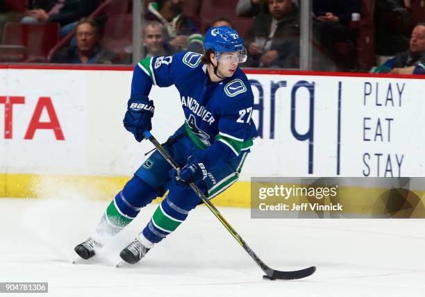 Ben Hutton of the Vancouver Canucks skates up ice during their NHL game against the Nashville Predators at Rogers Arena December 13, 2017 in...