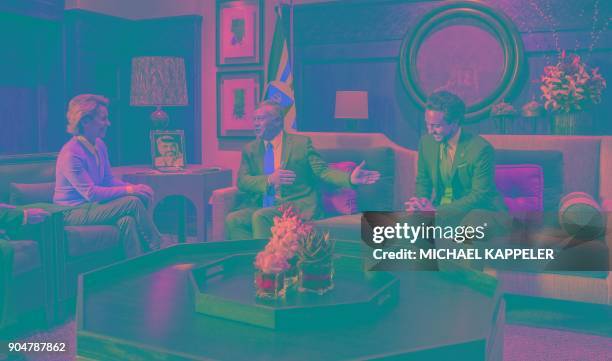 German Defence Minister Ursula von der Leyen talks to Jordan's King Abdullah II and Crown Prince of Jordan Hussein at the Royal Palace in Amman,...