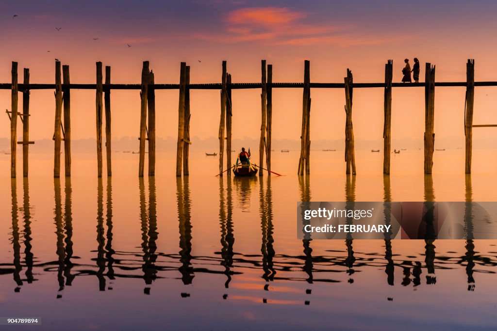Silhouette of life at U-Ben Bridge, Mandalay, Myanmar