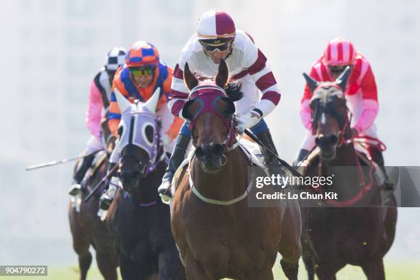 Jockey Douglas Whyte riding Hair Trigger wins Race 3 Oak Steamship Handicap at Sha Tin racecourse on January 13, 2018 in Hong Kong, Hong Kong.