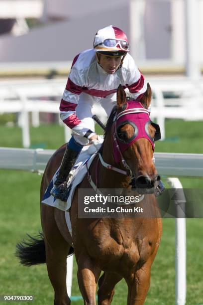 Jockey Douglas Whyte riding Hair Trigger wins Race 3 Oak Steamship Handicap at Sha Tin racecourse on January 13, 2018 in Hong Kong, Hong Kong.