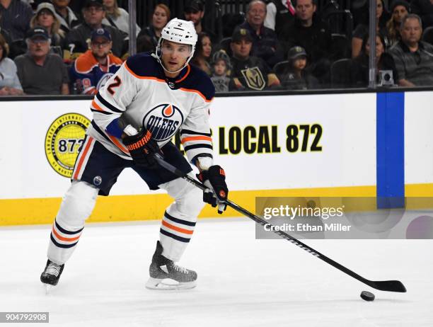 Andrej Sekera of the Edmonton Oilers looks to pass against the Vegas Golden Knights in the first period of their game at T-Mobile Arena on January...