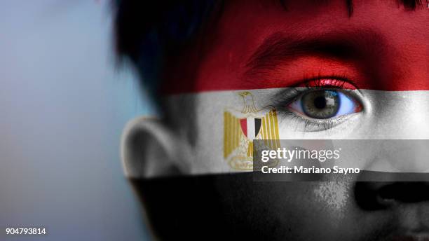 boy's face, looking at camera, cropped view with digitally placed egypt flag on his face. - ägyptische flagge stock-fotos und bilder