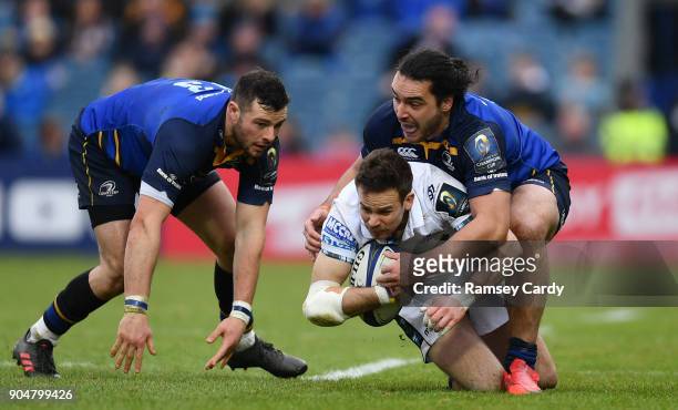 Dublin , Ireland - 14 January 2018; Ruaridh Jackson of Glasgow Warriors is tackled by James Lowe of Leinster during the European Rugby Champions Cup...