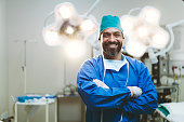 Portrait of smiling surgeon standing in hospital