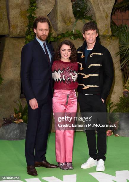 Tom Hiddleston, Maisie Williams and Eddie Redmayne attend the 'Early Man' World Premiere held at BFI IMAX on January 14, 2018 in London, England.