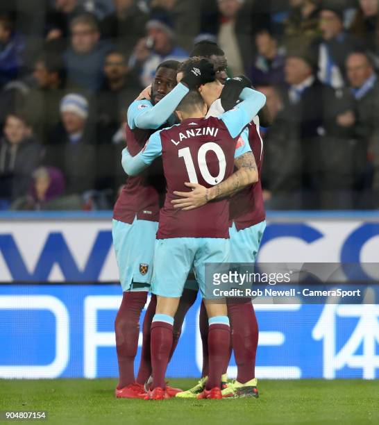 West Ham United's Marko Arnautovic celebrates scoring his side's second goal with Cheikhou Kouyate, Arthur Masuaku and Manuel Lanzini during the...