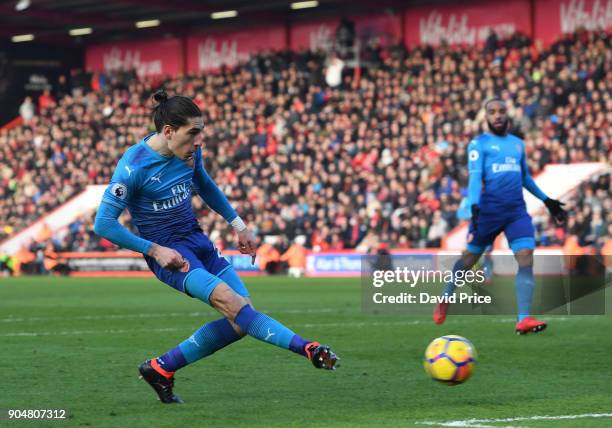 Hector Bellerin of Arsenal scores the opening goal during the Premier League match between AFC Bournemouth and Arsenal at Vitality Stadium on January...