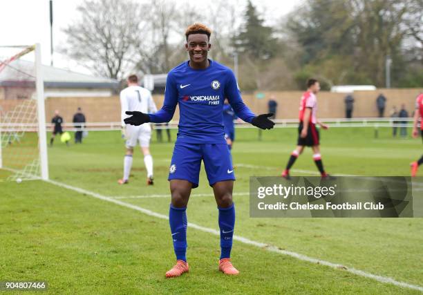 Callum Hudson-Odoi of Chelsea celebrates Chelsea's second goal during the Premier League 2 match between Sunderland U23 and Chelsea U23 at Eppleton...