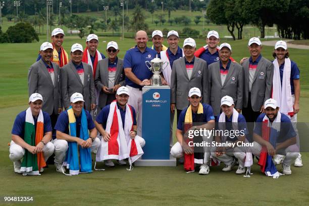 Malaysia's Prime Minister Najib Razak poses for pictures with team Europe after Europe winning the Eurasia Cup presented by DRB-HICOM at the...