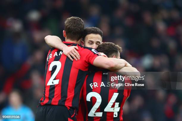 Marc Pugh of AFC Bournemouth, Ryan Fraser of AFC Bournemouth and Simon Francis of AFC Bournemouth celebrates the victory after the Premier League...