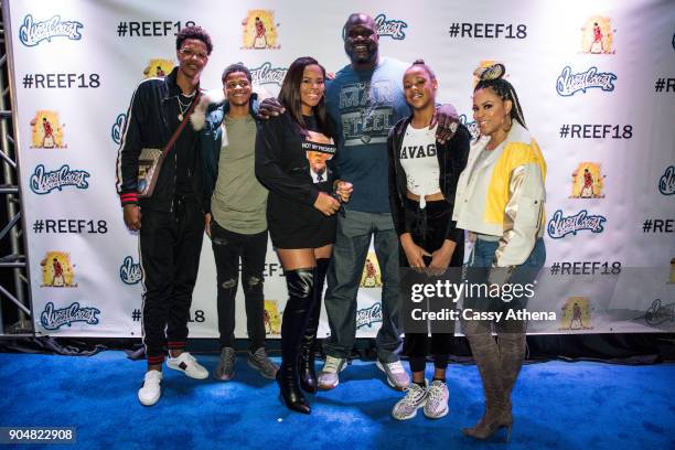 Shareef O'Neal poses with Shaquille O'Neal as he celebrates 18th birthday party at West Coast Customs on January 13, 2018 in Burbank, California.