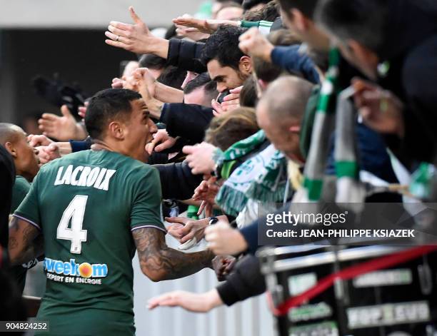 Saint-Etienne's players celebrates after scoring a goal during the French L1 football match Saint-Etienne vs Toulouse on January 14 at the Geoffroy...