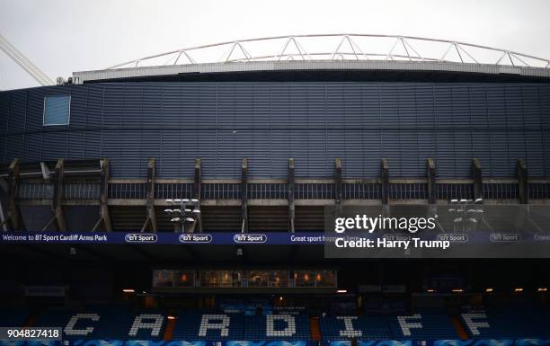 Detailed view of Cardiff Arms Park with the Principality Stadium in the background during the European Rugby Challenge Cup match between Cardiff...